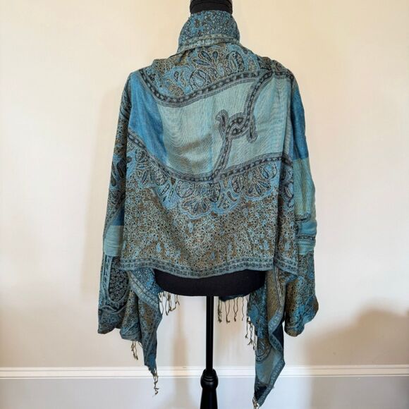 Gaowei + Xinzhan Paris Blue Shawl Pashmina Jacket with Tassels Size Medium - Picture 7 of 9